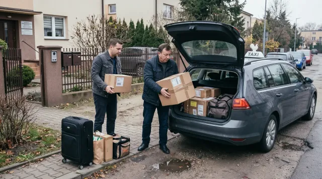 Dwóch mężczyzn ładuje kartony i walizkę do bagażnika taksówki przy ulicy