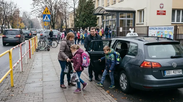 Taksówka przy znaku Bezpieczna droga do szkoły, rodzic odprowadza dzieci z plecakami do auta