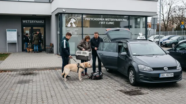 Mężczyzna z psem na smyczy i transporterem przed wejściem do przychodni weterynaryjnej, obok stoi taksówka