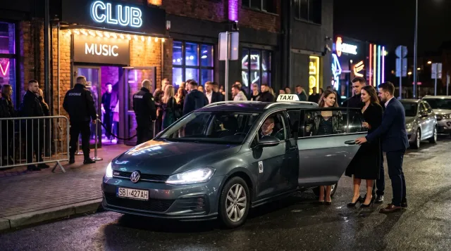 Taksówka z włączonymi światłami czeka nocą przed wejściem do klubu, grupa osób wsiada do auta