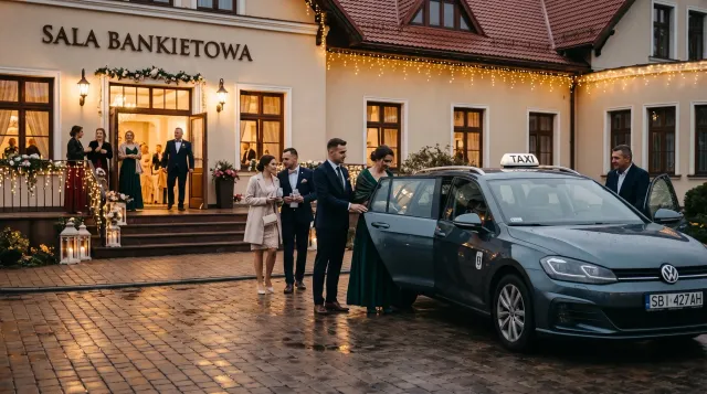 Taksówka przed udekorowanym wejściem do sali bankietowej, goście weselni wsiadają do samochodu